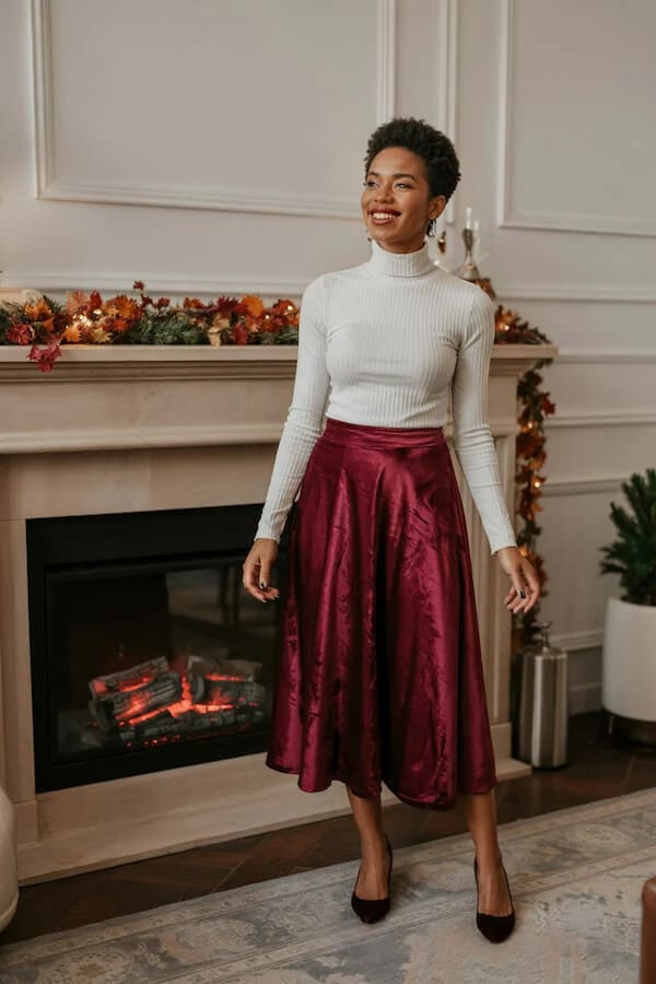 Cream Turtleneck Burgundy Satin Skirt Outfit