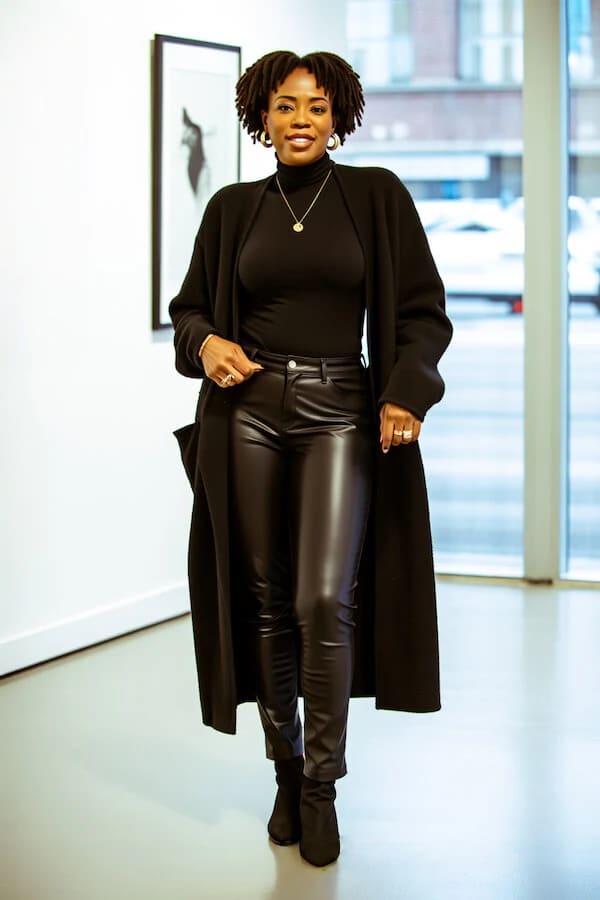 Black Leather Trousers Long Coat Turtleneck Outfit