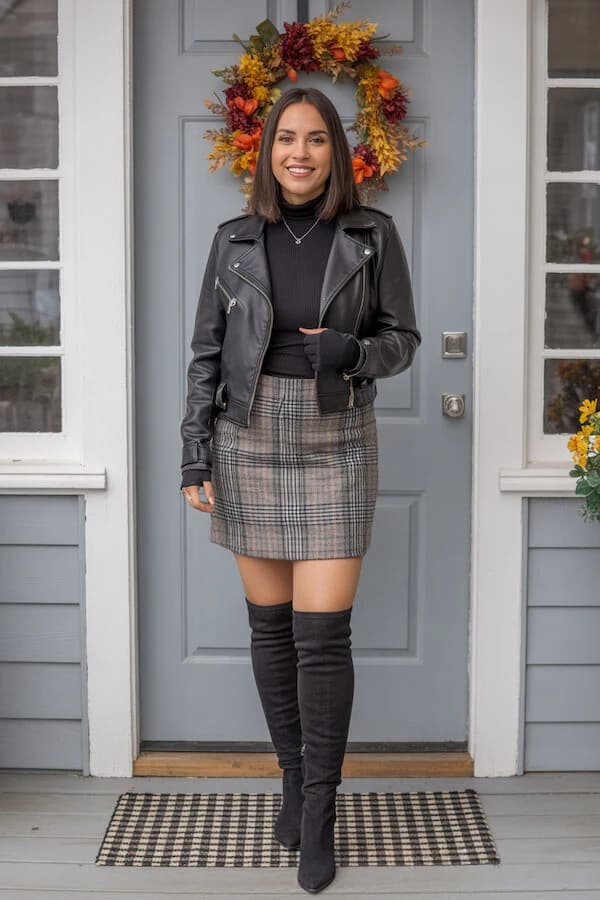 Black Leather Jacket Plaid Skirt Outfit with OTK Boots