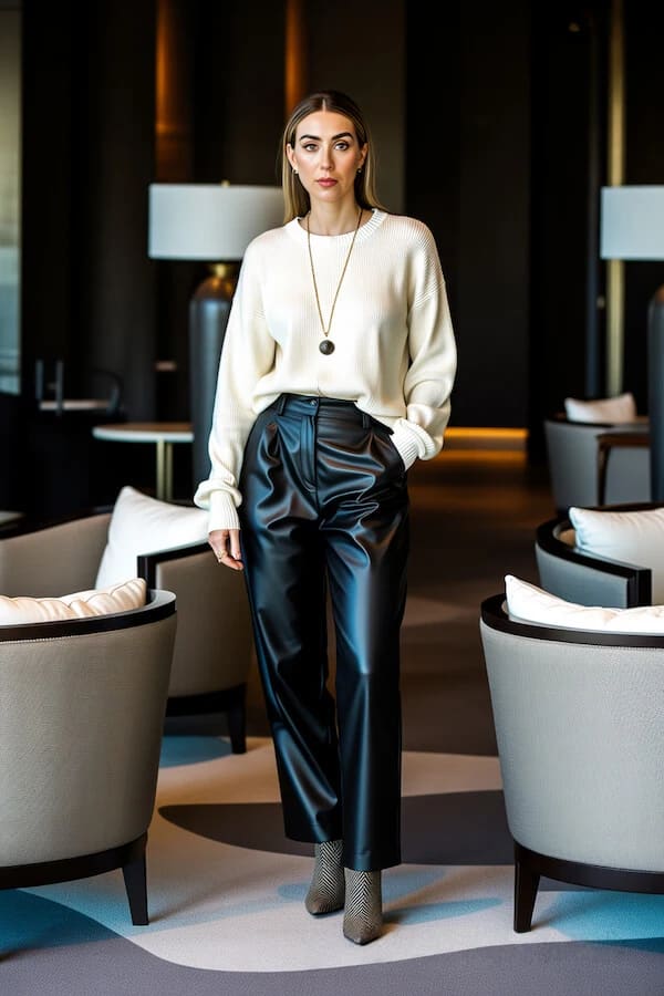 Cream Sweater Black Leather Trousers Outfit