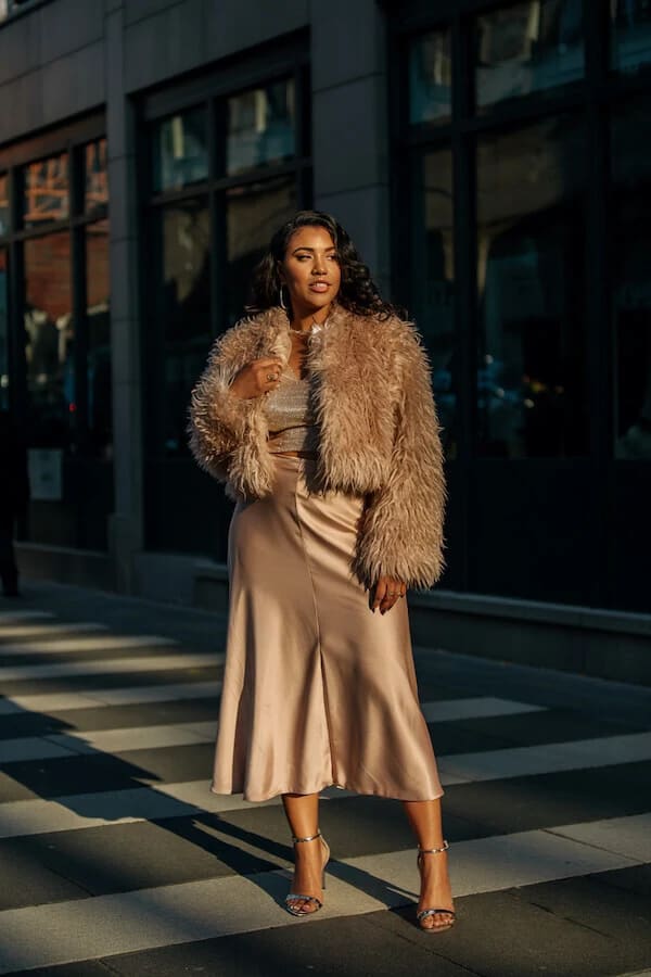 Camel Faux Fur Jacket Champagne Satin Midi Skirt Outfit