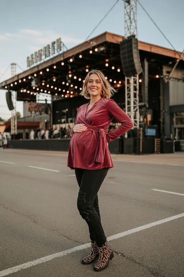 Berry Satin Wrap Top with Black Jeans Leopard Boots