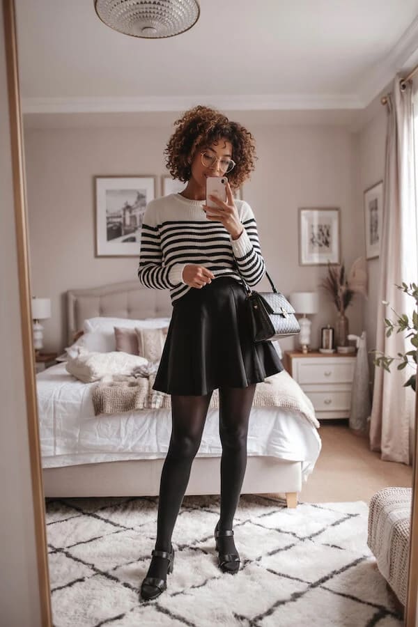 Striped Sweater Leather Skirt Outfit with Tights