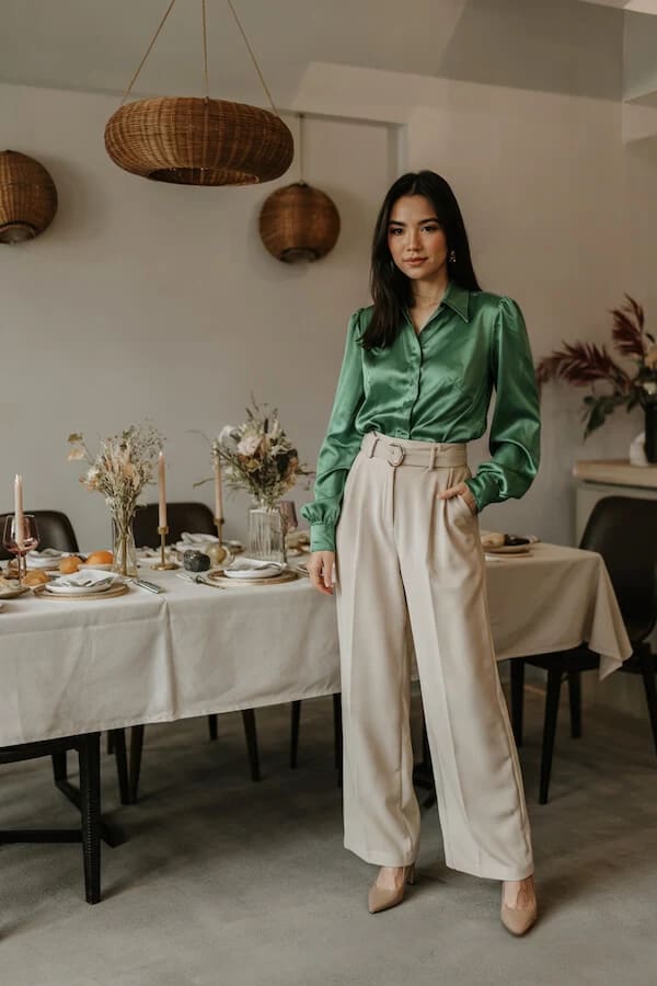 Green Satin Shirt Wide-Leg Trousers Outfit