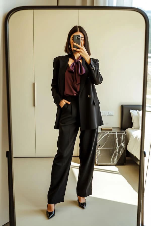 Black Blazer Burgundy Bow Blouse Wide-Leg Trousers