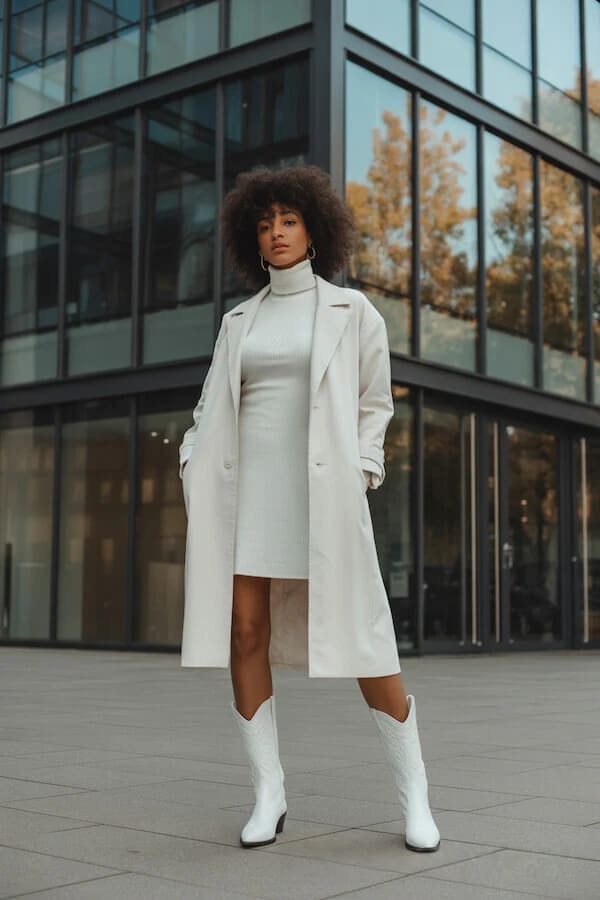 Cream Turtleneck Dress Outfit with White Trench Coat