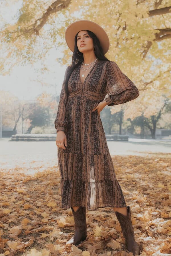 Brown Paisley Midi Dress Outfit with Boots and Hat