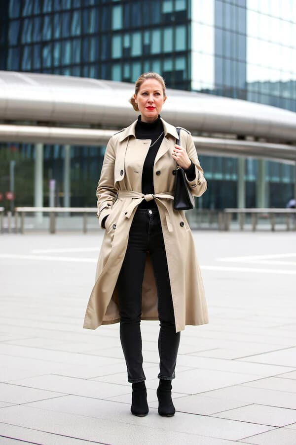 Beige Trench Coat Black Turtleneck Skinny Jeans Outfit