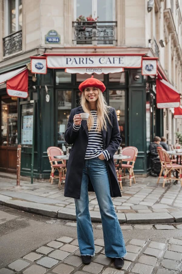 Red Beret Navy Blazer Striped Top Wide-Leg Jeans Outfit