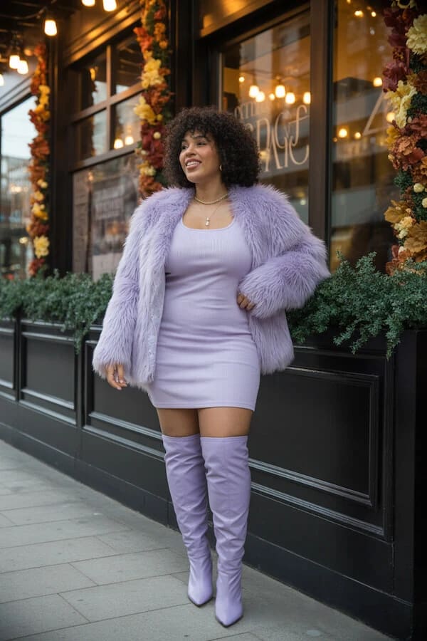 Lavender Faux Fur Jacket Outfit with Mini Dress