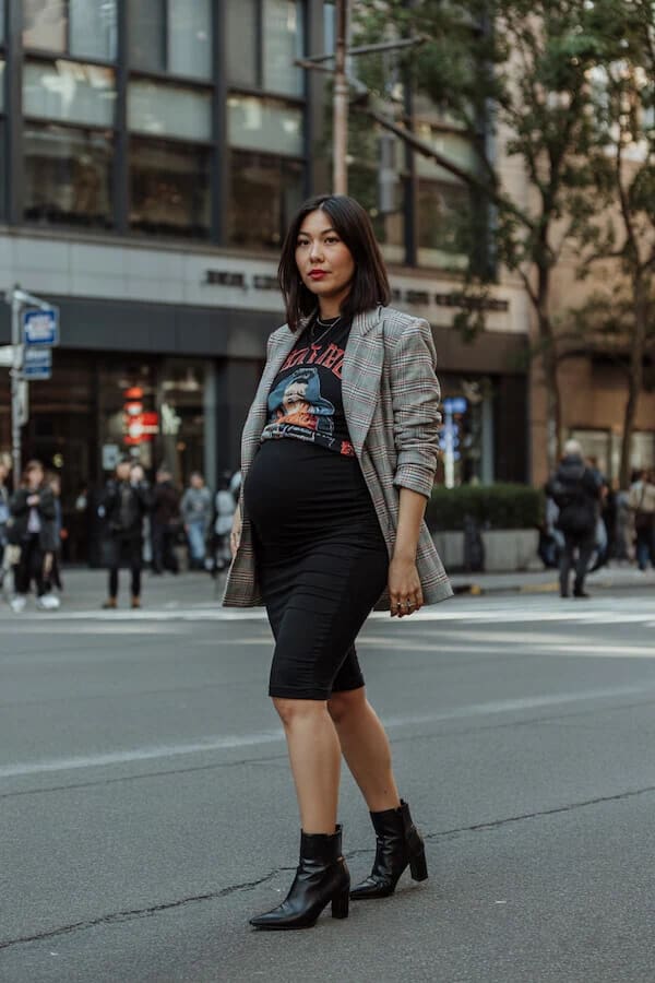 Grey Check Blazer Black Midi Skirt Graphic Tee Outfit