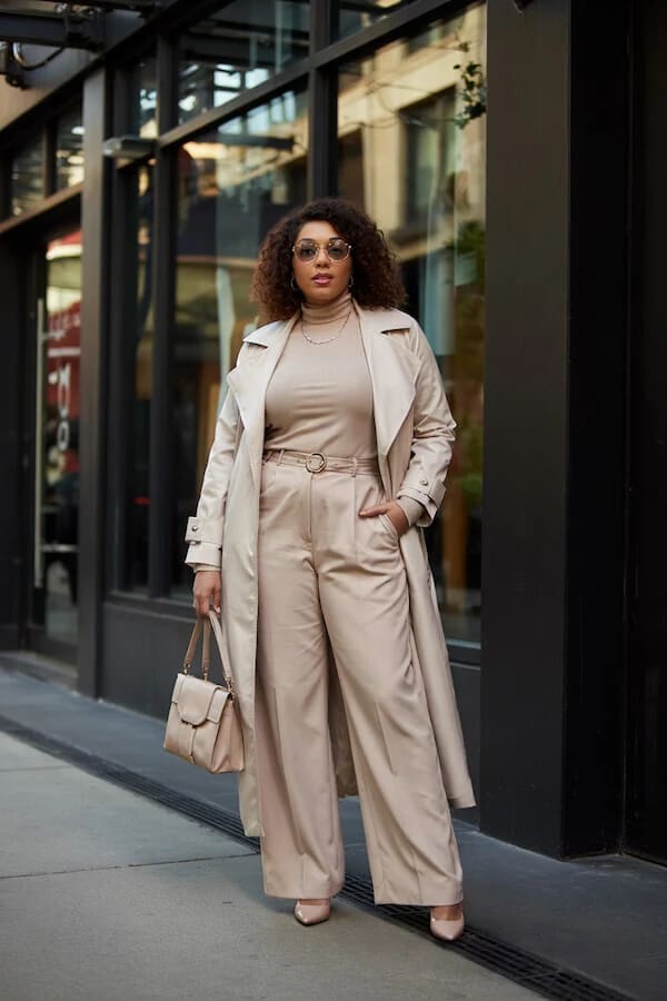 Beige Trench Coat Wide-Leg Trousers Tonal Outfit