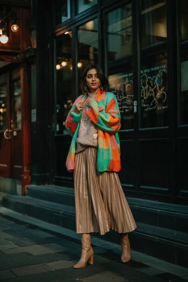Colorful Striped Cardigan Metallic Skirt Outfit