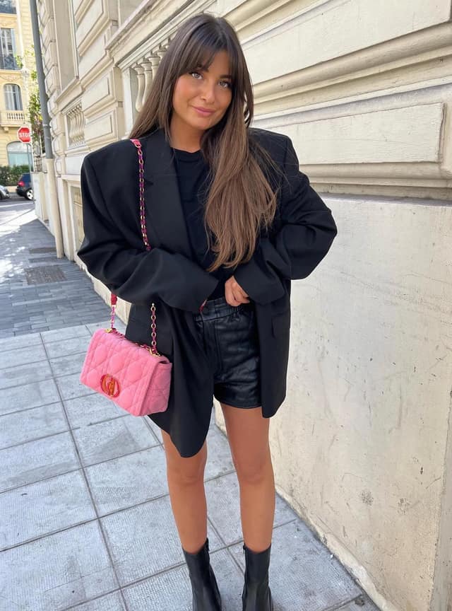 Black Blazer Cycling Shorts Outfit with Pink Bag