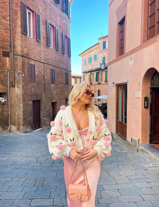 Cream Floral Cardigan Pink Silk Slip Dress Outfit
