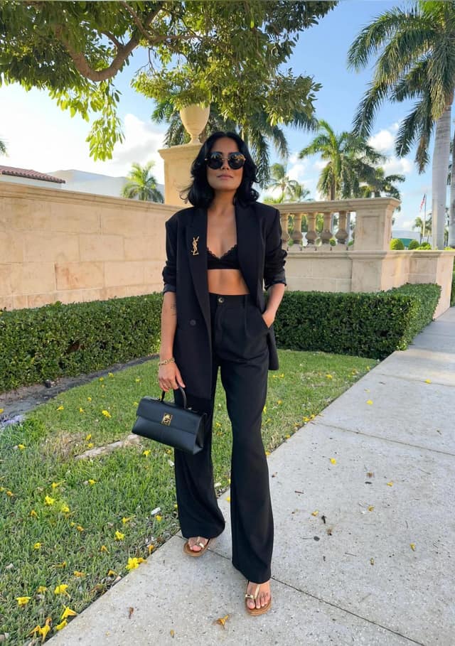 Black Blazer Outfit with Lace Bralette and Wide-Leg Trousers