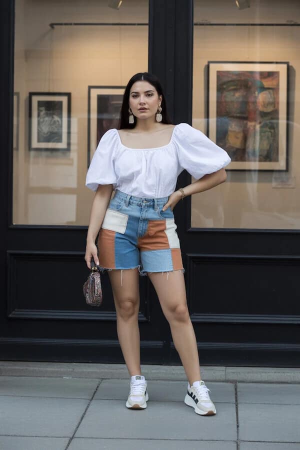 White Puff Sleeve Blouse Patchwork Denim Shorts Outfit