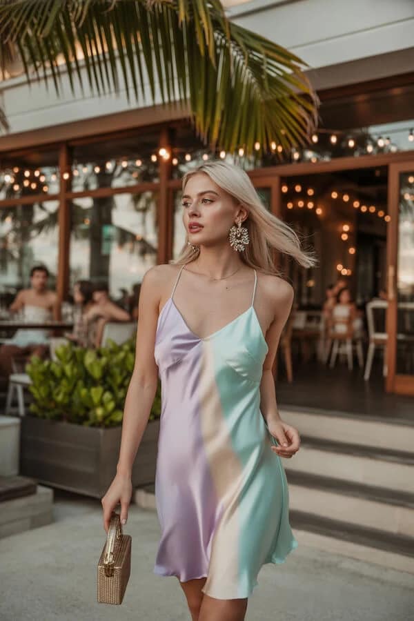 Pastel Satin Slip Dress Outfit for Vacation Dinner