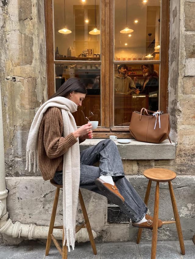 Brown Cable-Knit Sweater Outfit with Wide-Leg Jeans