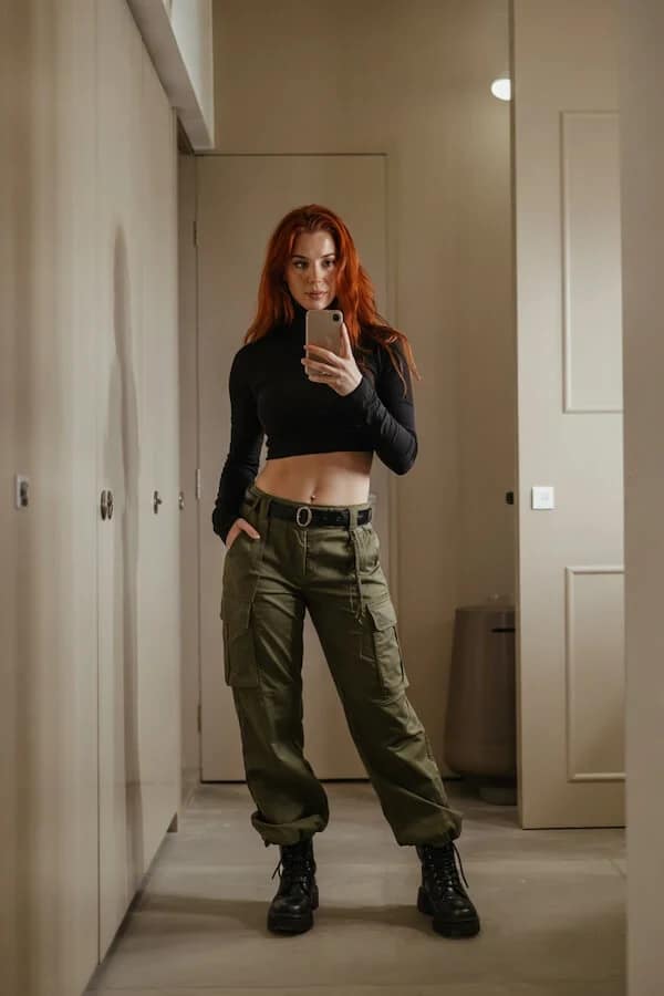 Black Cropped Top Olive Cargo Pants Outfit