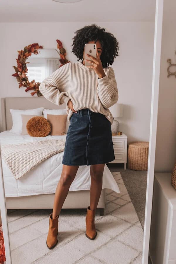 Cream Ribbed Sweater Black Corduroy Skirt Outfit