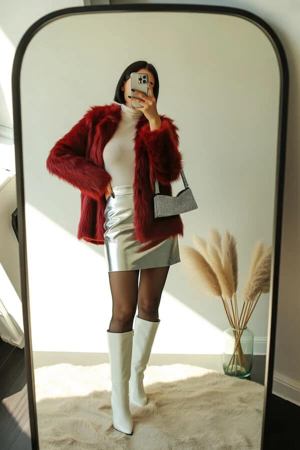 Red Faux Fur Coat Outfit with Silver Mini Skirt
