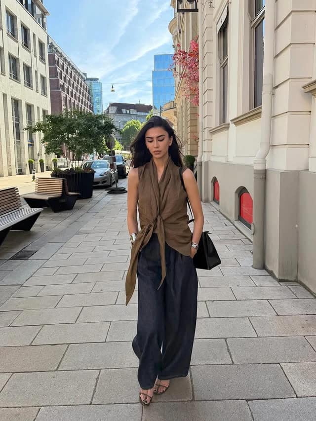 Taupe Wrap Top Outfit with Wide-Leg Navy Trousers