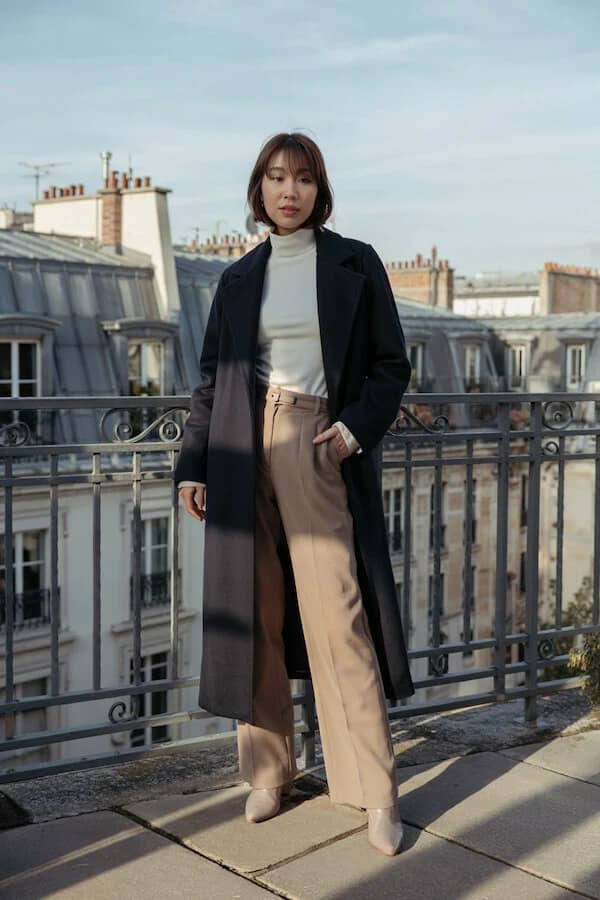 Black Wool Coat Outfit with Wide-Leg Trousers