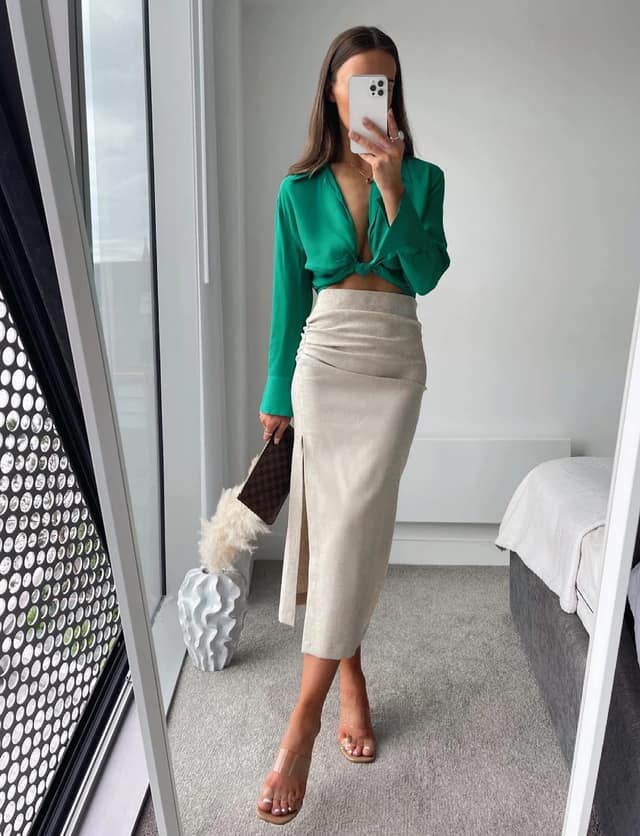 Green Silk Blouse Cream Midi Skirt Outfit