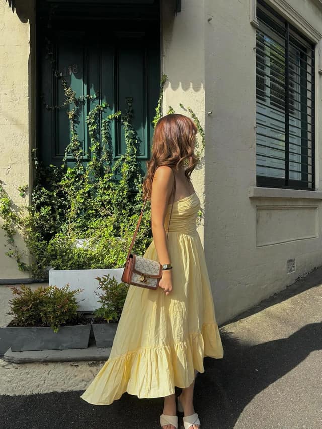 Butter Yellow Tiered Midi Dress Summer Outfit