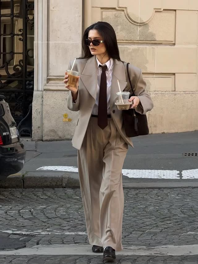 Beige Oversized Blazer Suit Wide-Leg Trousers Brown Tie