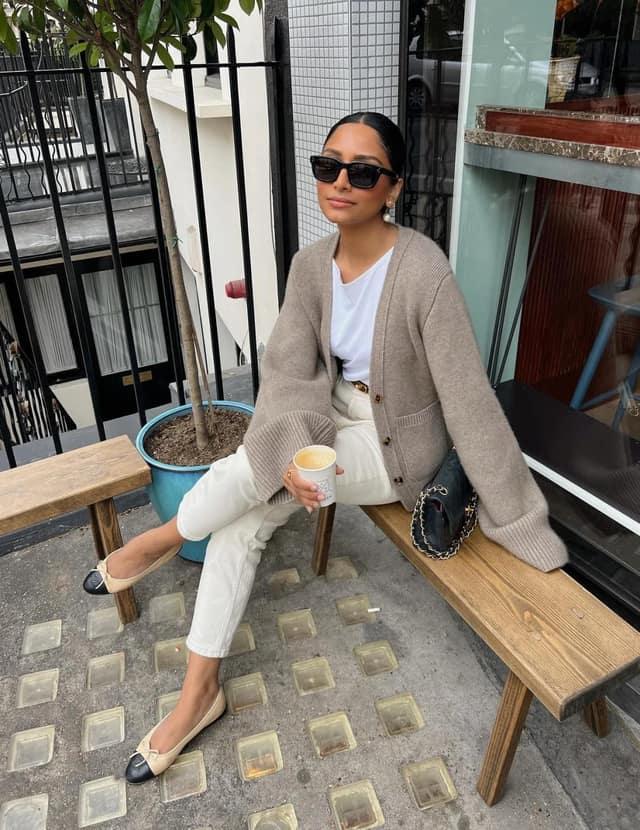 Taupe Cardigan Outfit with Cream Trousers and Ballet Flats