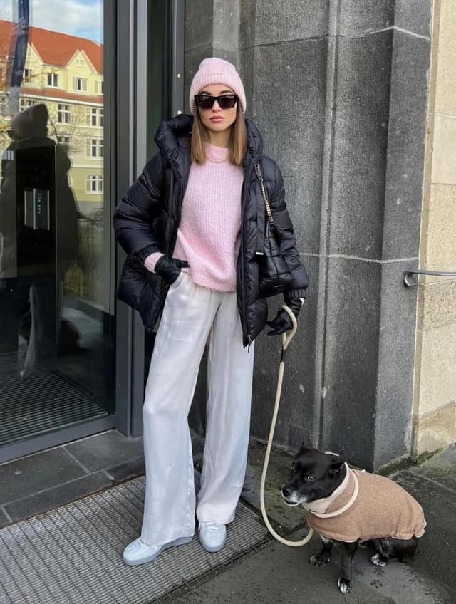 Black Puffer Coat Pink Sweater Wide-Leg Trousers Winter Outfit