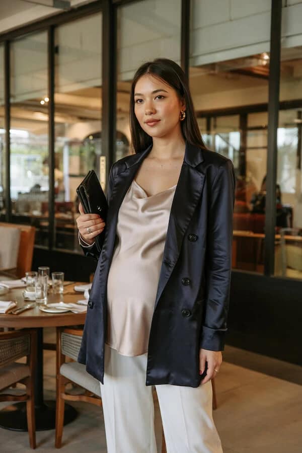 Black Leather Blazer Outfit with Silk Cami and Wide-Leg Trousers