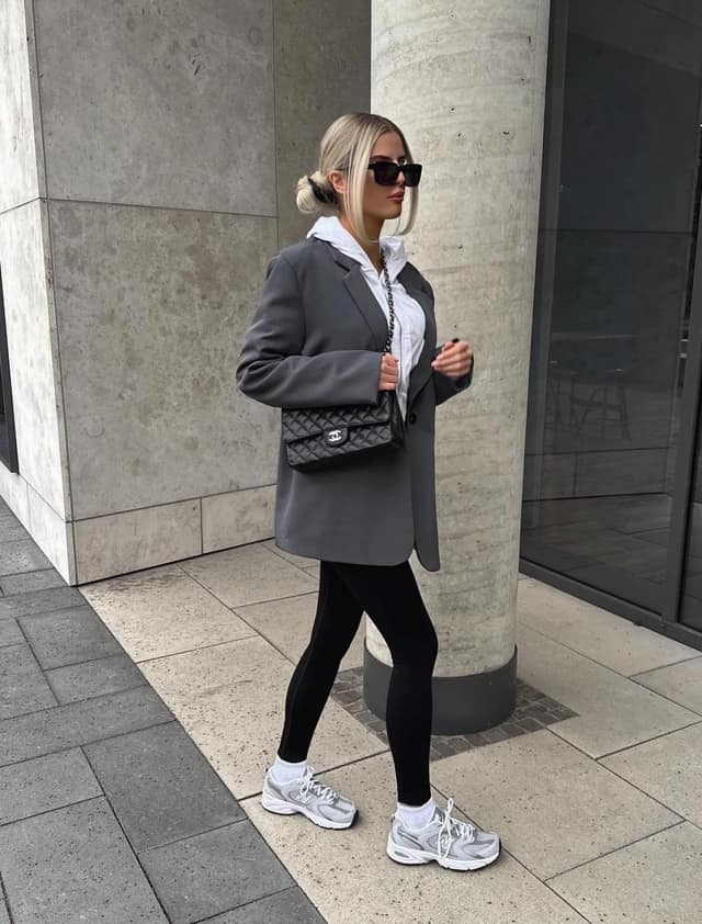 Grey Oversized Blazer Outfit with Black Leggings