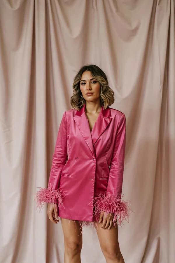 Hot Pink Satin Blazer Dress with Feather Cuffs