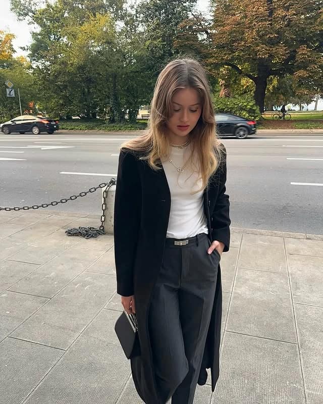 Black Blazer White Tee Wide-Leg Trousers Outfit