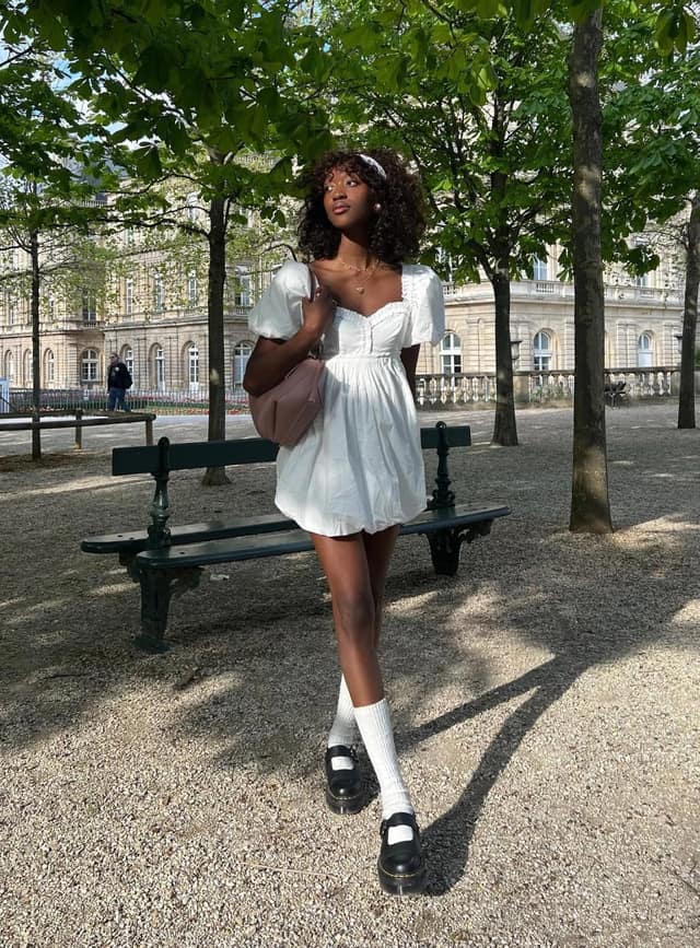 White Puff Sleeve Mini Dress with Mary Jane Platforms
