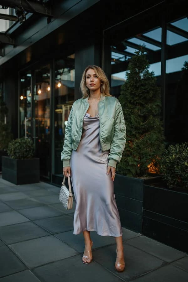 Sage Green Bomber Jacket Champagne Slip Dress Outfit