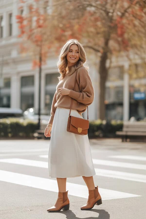 Camel Turtleneck Sweater Cream Midi Skirt Fall Outfit