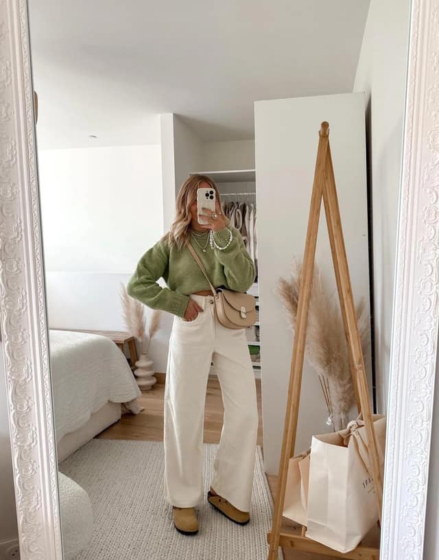 Olive Green Cropped Sweater Outfit with Wide-Leg Trousers