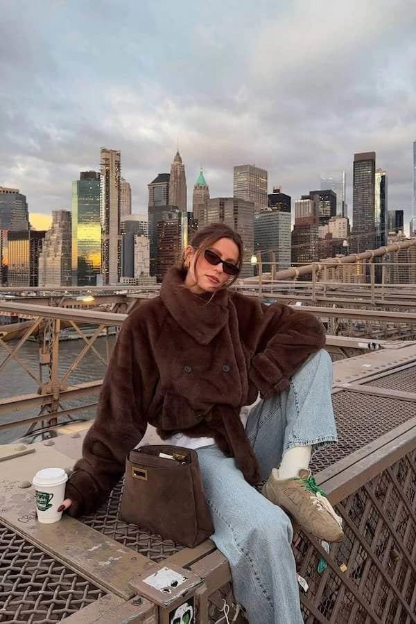 Brown Teddy Fleece Jacket Outfit with Light Wash Jeans