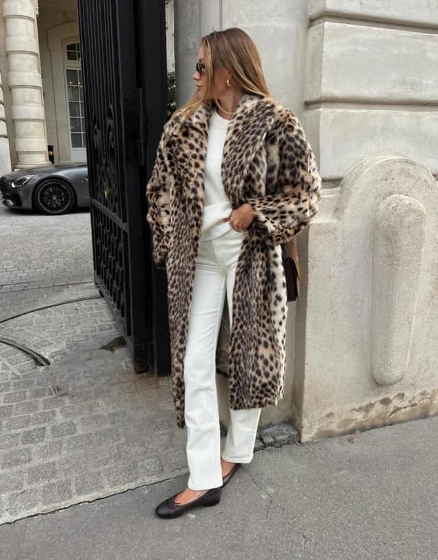 Leopard Coat Outfit with White Jeans and Ballet Flats