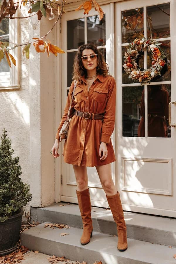 Rust Orange Shirt Dress Outfit with Knee-High Boots