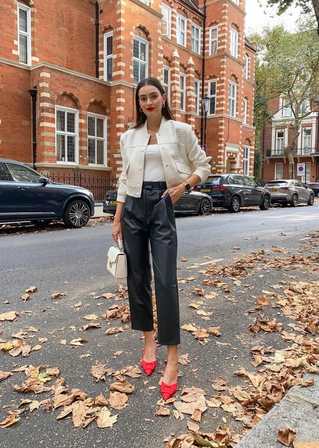 Cream Tweed Jacket Black Leather Trousers Red Heels Outfit