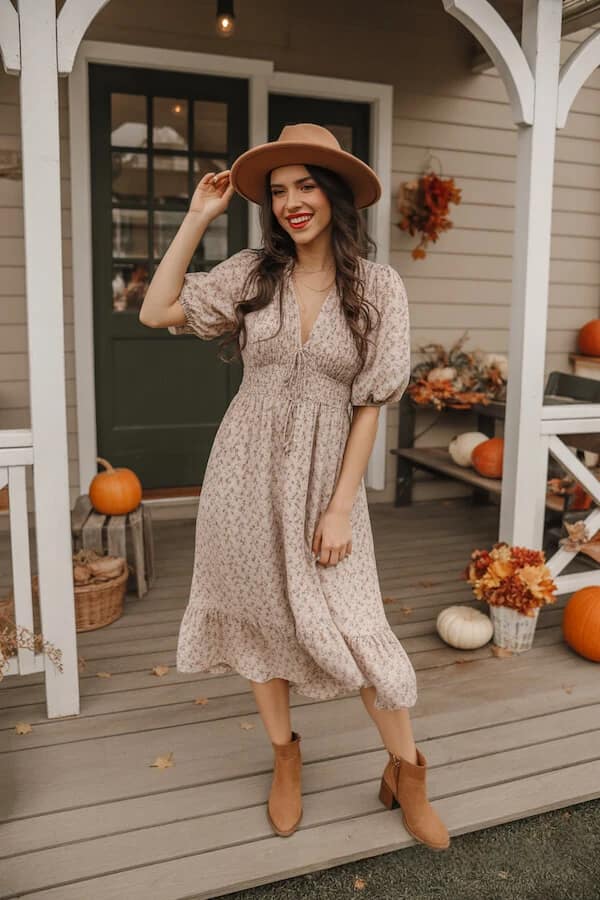 Floral Midi Dress Puff Sleeve Outfit with Tan Boots