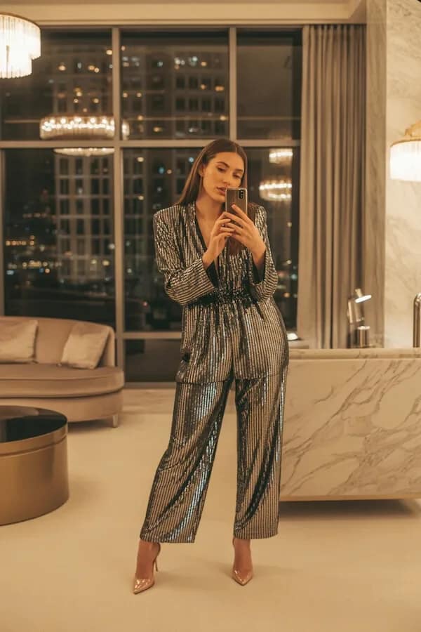 Silver Sequin Jumpsuit Outfit with Metallic Heels