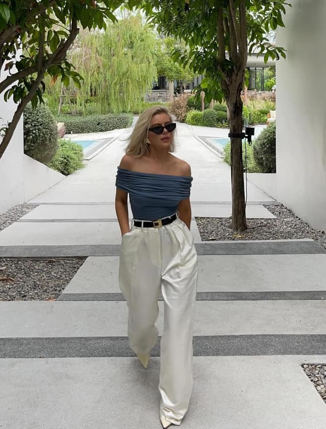 Navy Off-Shoulder Top with Wide-Leg Ivory Trousers Outfit