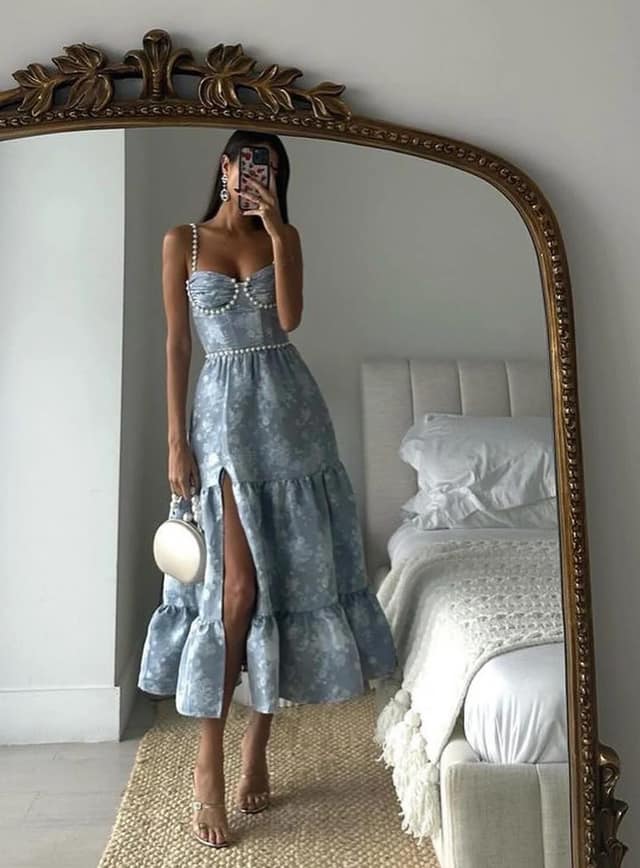 Powder Blue Pearl Maxi Dress Outfit for Wedding Guest
