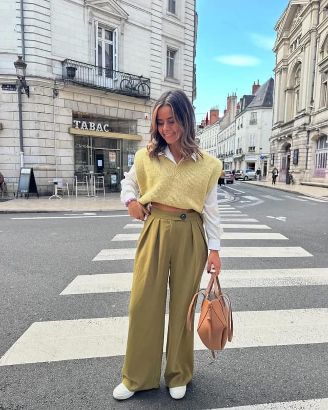 Yellow Knit Vest Layered Outfit with Olive Wide-Leg Trousers